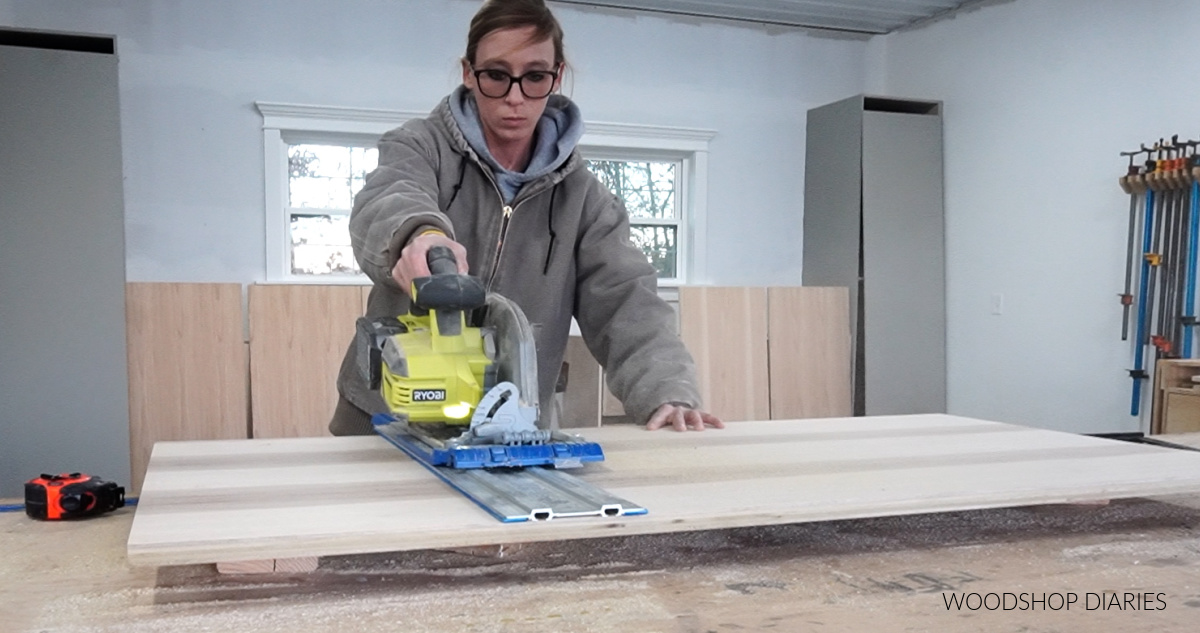Shara Woodshop Diaries cutting down plywood panel to make cabinet door
