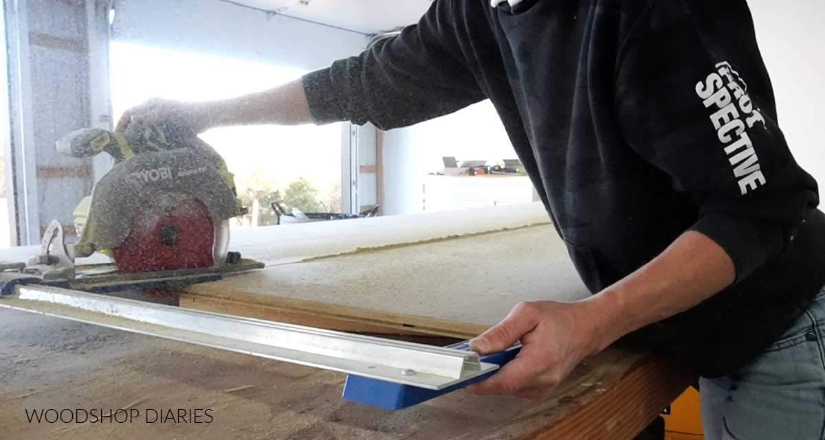 Shara Woodshop Diaries using circular saw to cut plywood strips