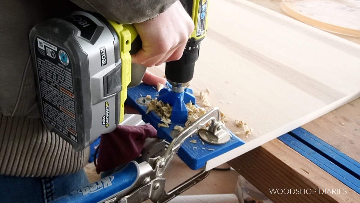 Shara Woodshop Diaries using Kreg concealed hinge jig to drill holes for concealed hinges