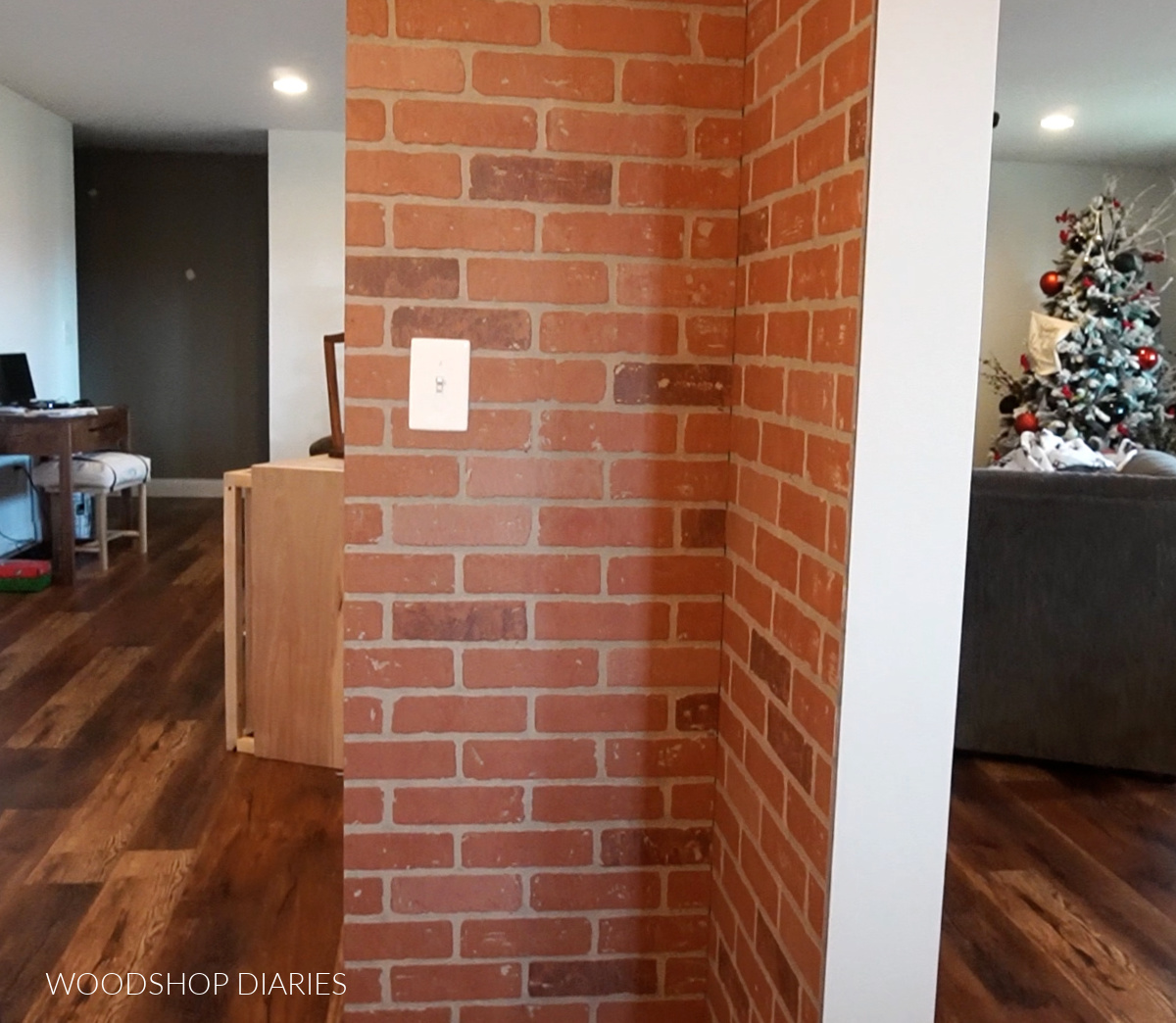 Inside view of column with brick panel nailed in place