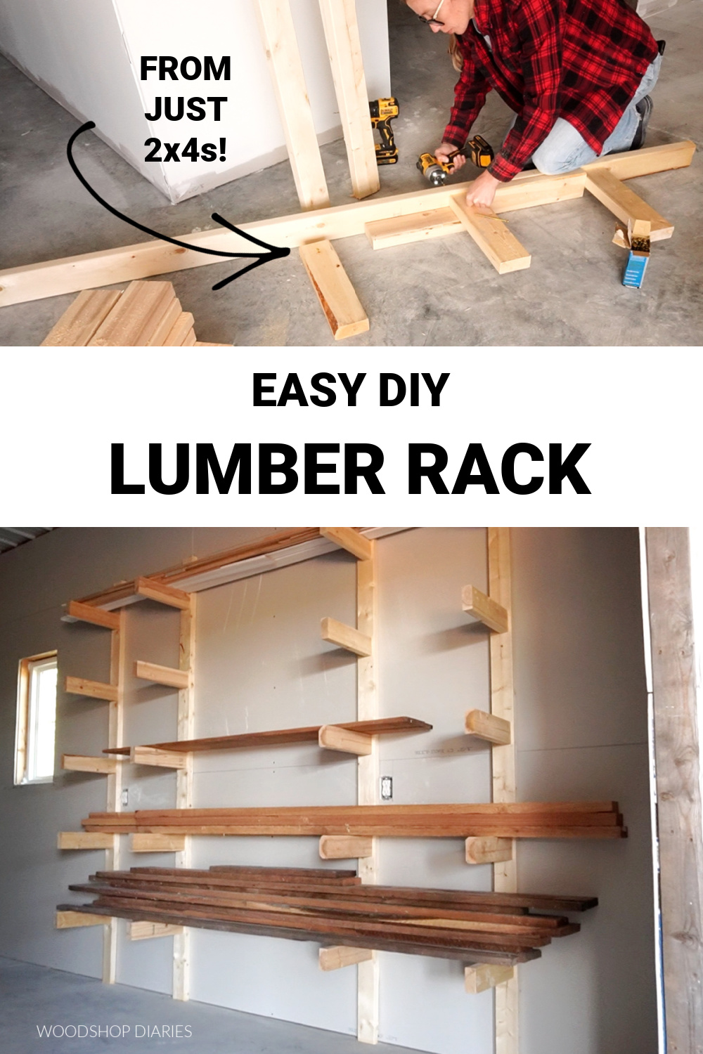 Pinterest collage image showing Shara securing rungs to backer board at top and completed lumber rack on wall at bottom with text "EASY DIY LUMBER RACK"
