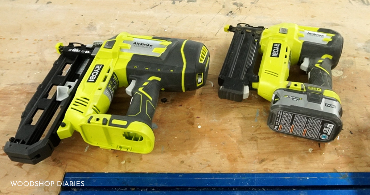 16 and 18 gauge Ryobi AirStrike nailers sitting on workbench