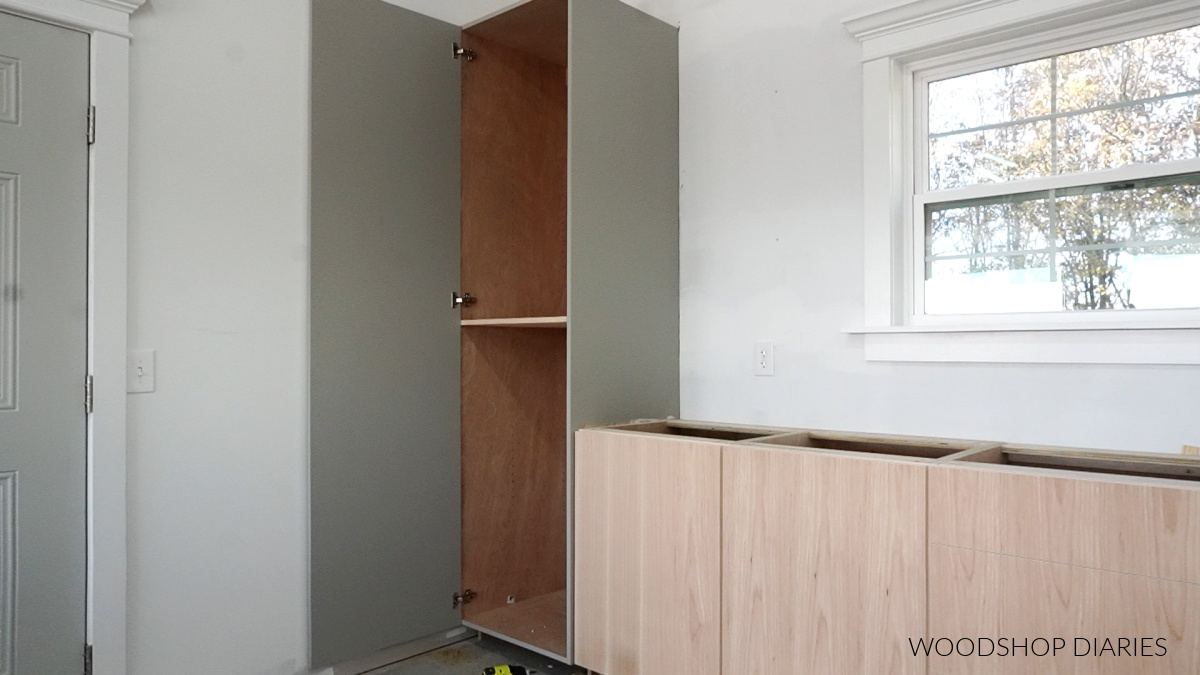 Concealed hinges inside large pantry plywood door in workshop