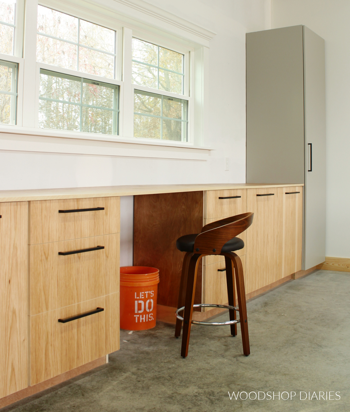 Completed workshop cabinets with tall pantry and base cabinets with desk section in middle