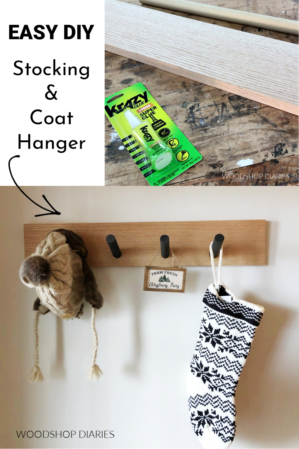 Pinterest collage showing materials on workbench at top and completed stocking, hat, coat rack on bottom
