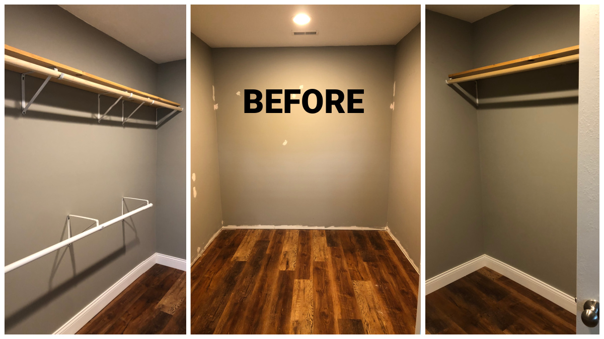 Collage image showing the closet before with simple shelves and rods