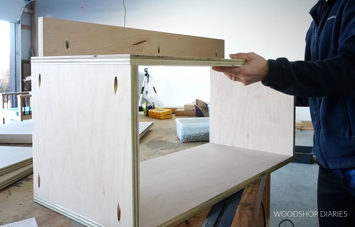 DIY Custom closet cabinet shelf boxes assembled on workbench