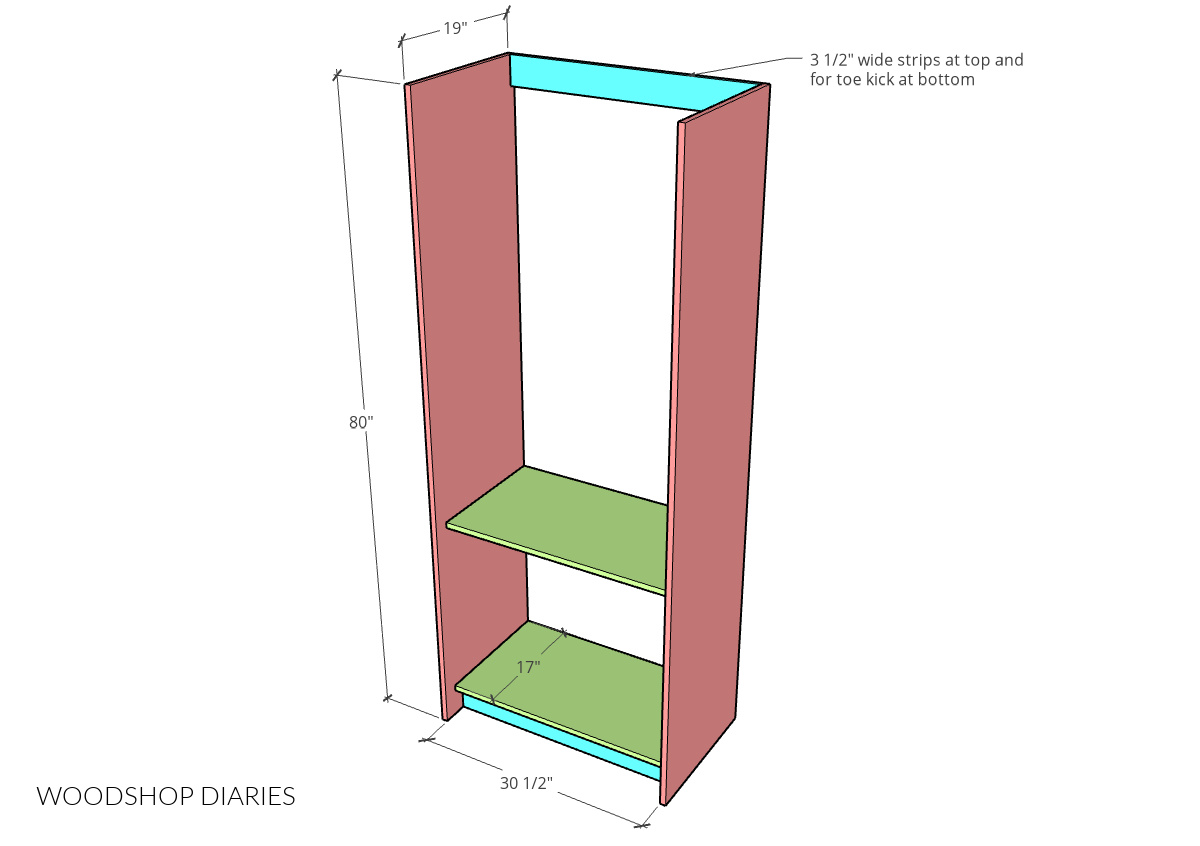 Dimensional diagram showing main custom closet cabinet carcass side panels and shelf dimensions