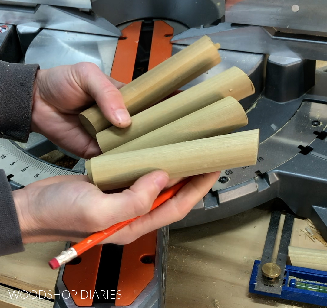 Dowels cut to length for stocking hanger