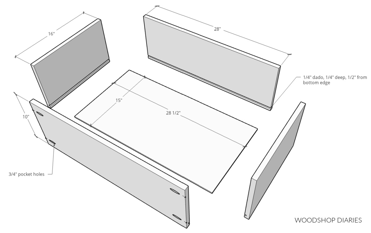 Exploded diagram showing drawer box dimensions