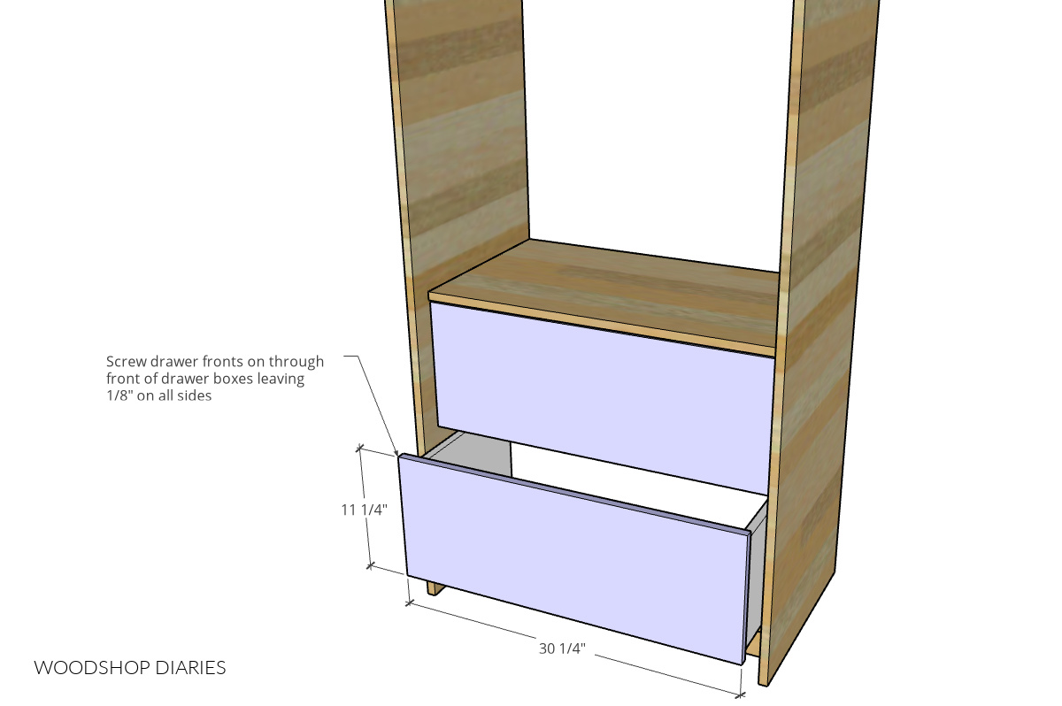 Drawer front dimensions and diagram showing installation