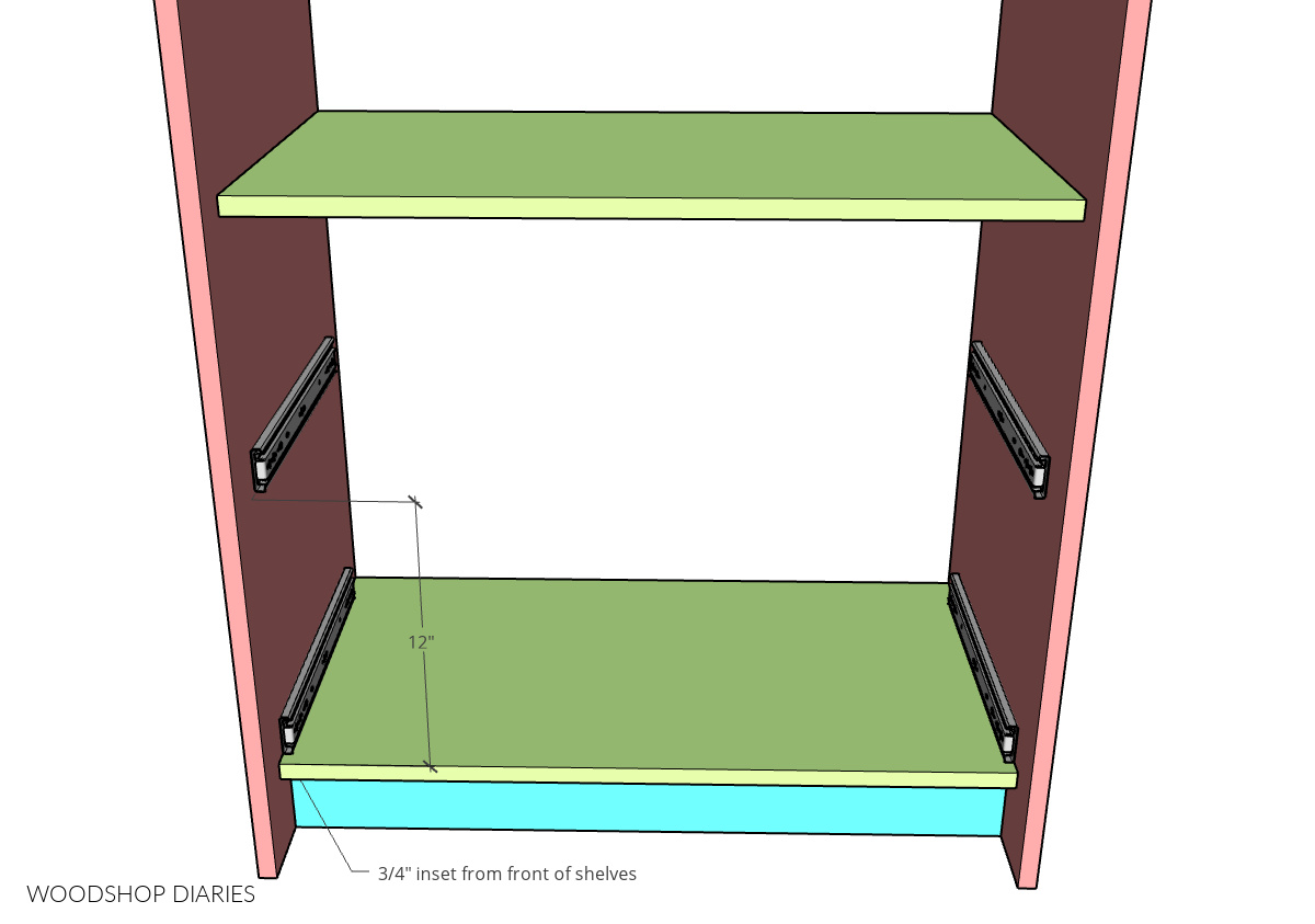 Dimensional diagram  showing where to install drawer slides in closet cabinet