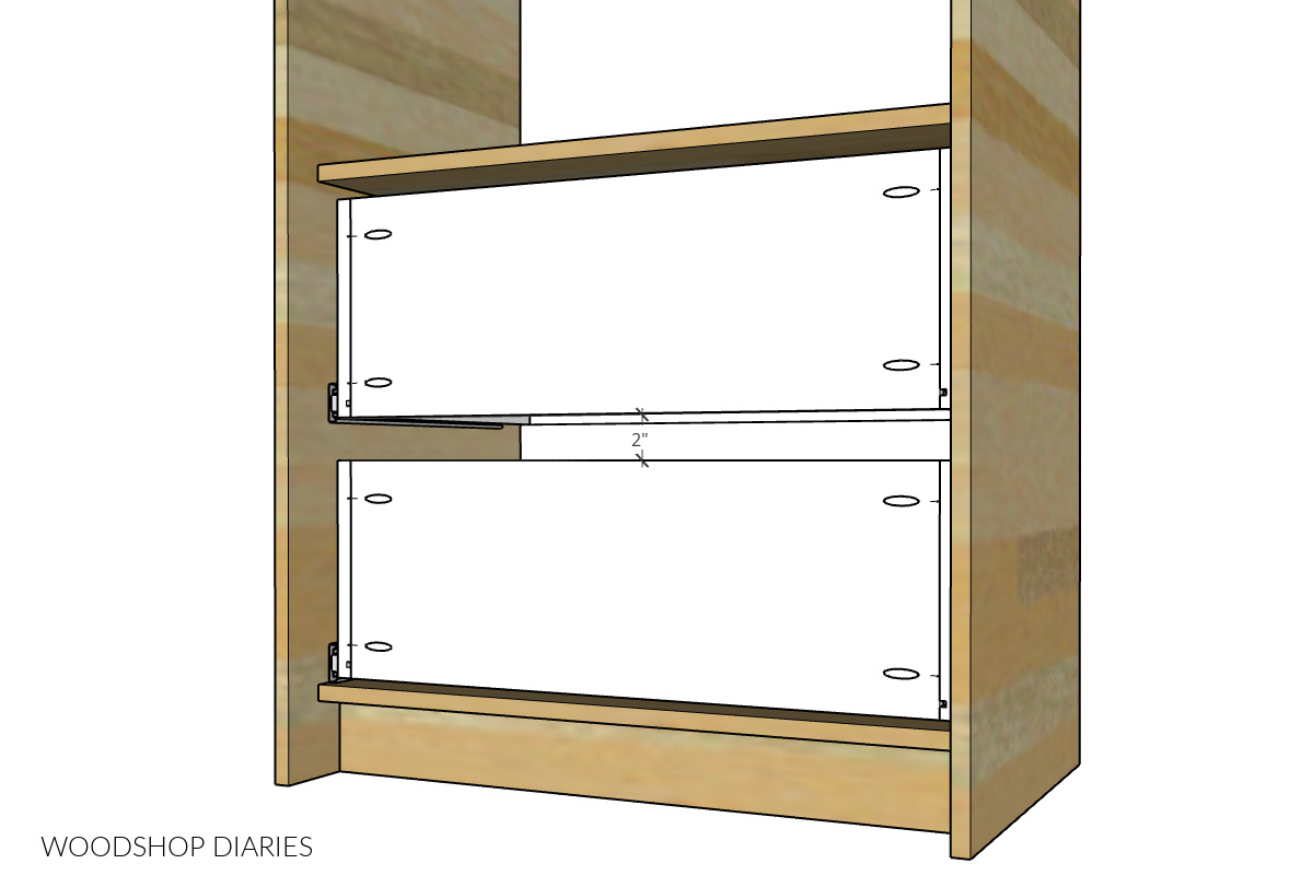 Diagram showing drawers installed with 2" gap between