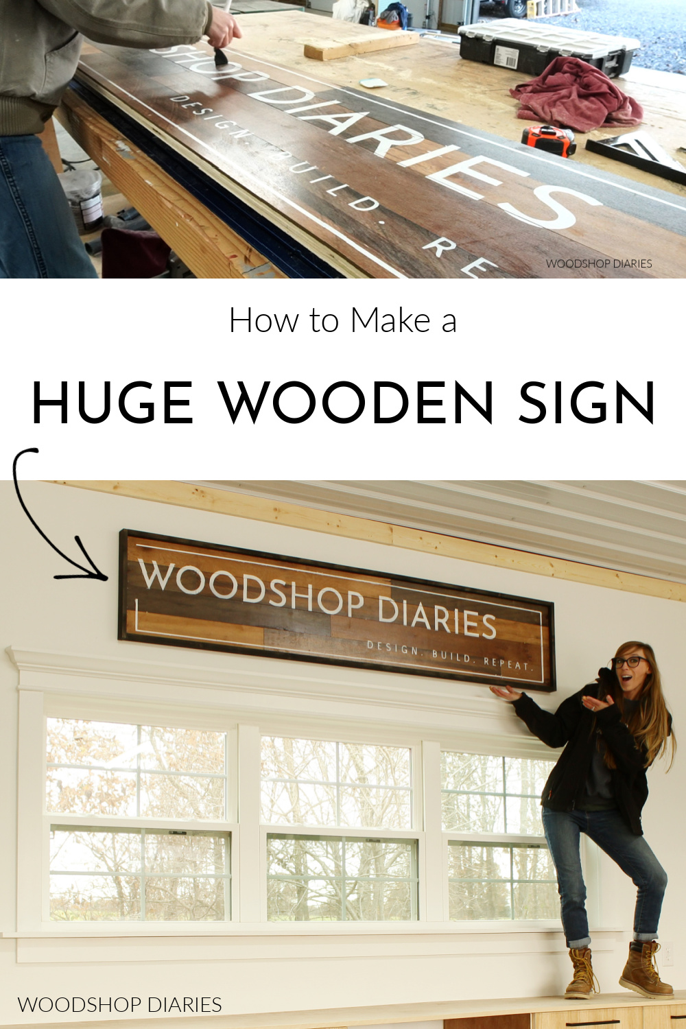 Pinterest collage showing removing stencil from wooden sign at top and finished sign hanging on wall at bottom