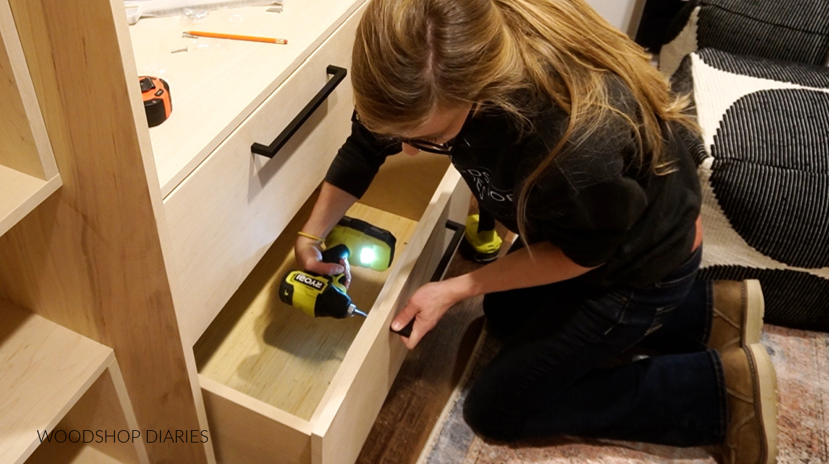 Shara Woodshop Diaries installing modern drawer pulls onto drawer boxes