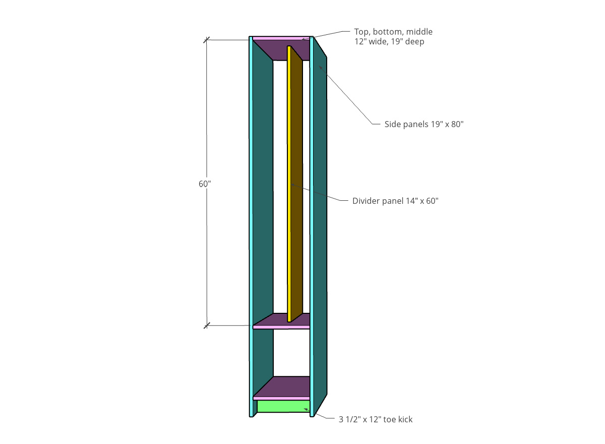 Diagram showing tall, narrow cabinet with divider panel and open cubby