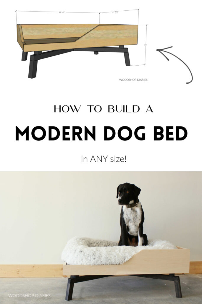 Pinterest collage showing modern dog bed overall dimensions at top and Lucy in modern dog bed at bottom with text "How to build a modern dog bed in any size"