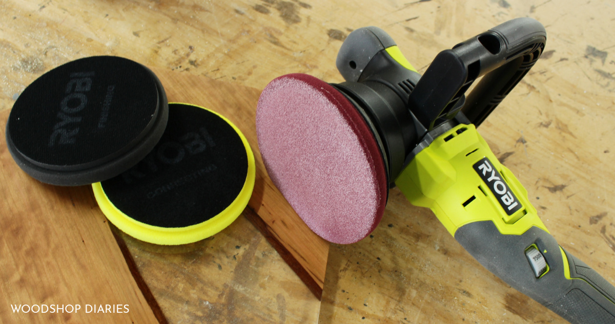 Ryobi 5in Polisher and polishing pads on clear resin project