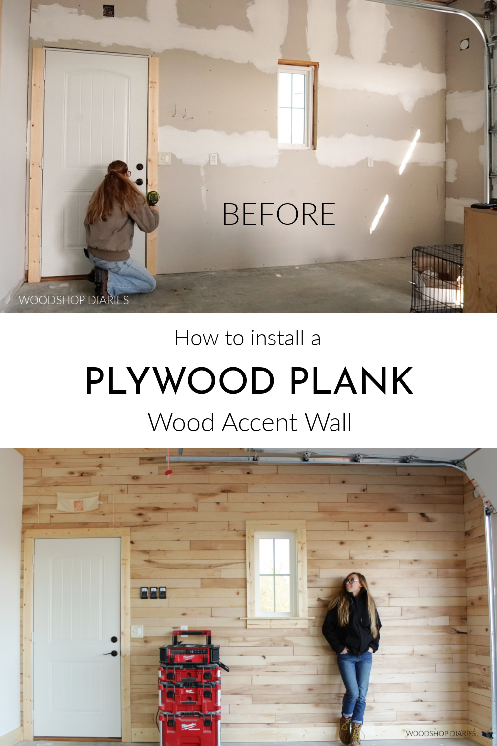 Pinterest collage image showing before wall at top and finished wood plank accent wall at bottom