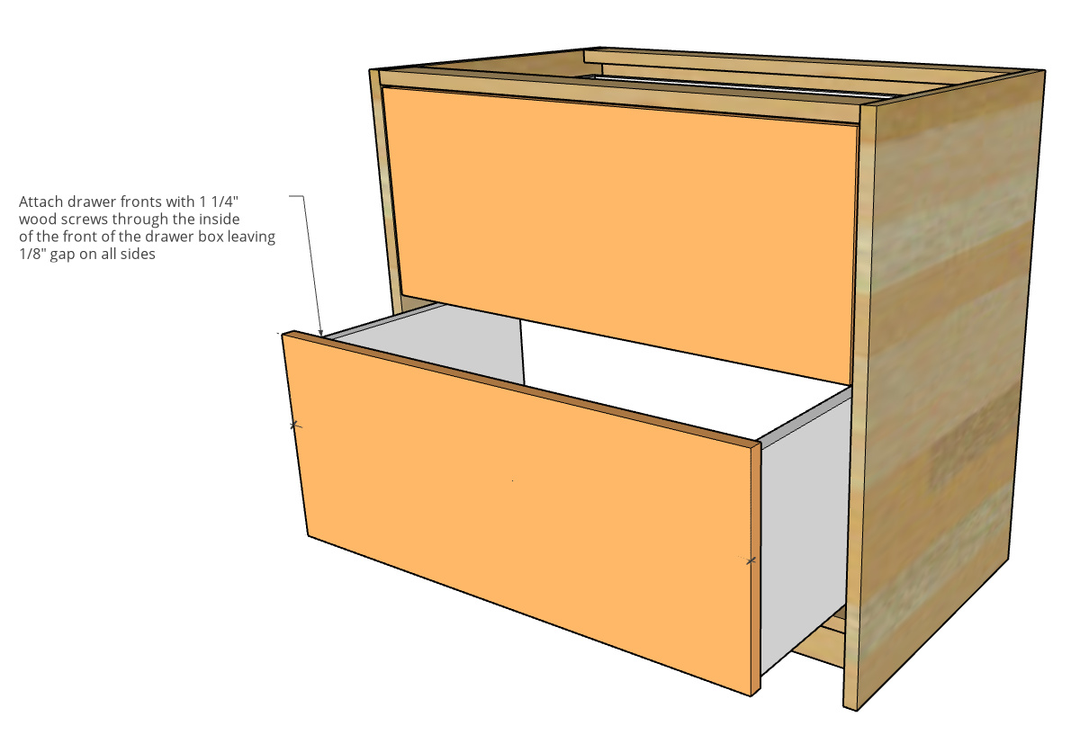 Diagram showing attaching drawer fronts to drawer boxes of desk cabinets