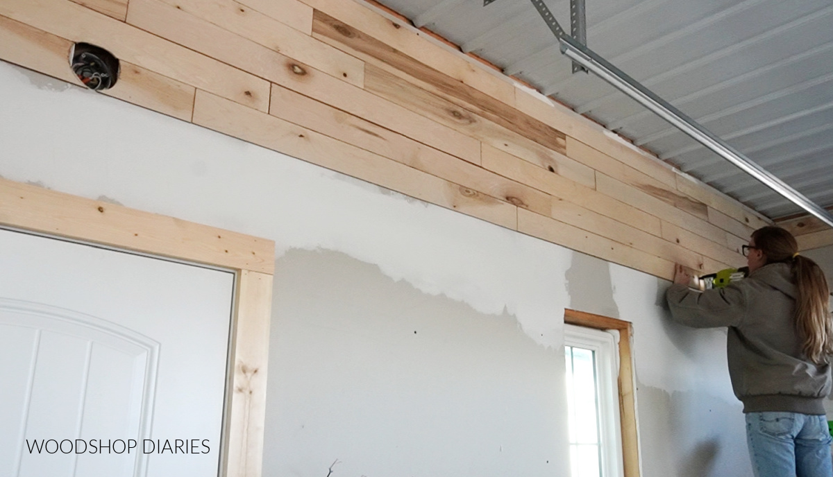 Shara Stapling plywood planks to wood accent wall