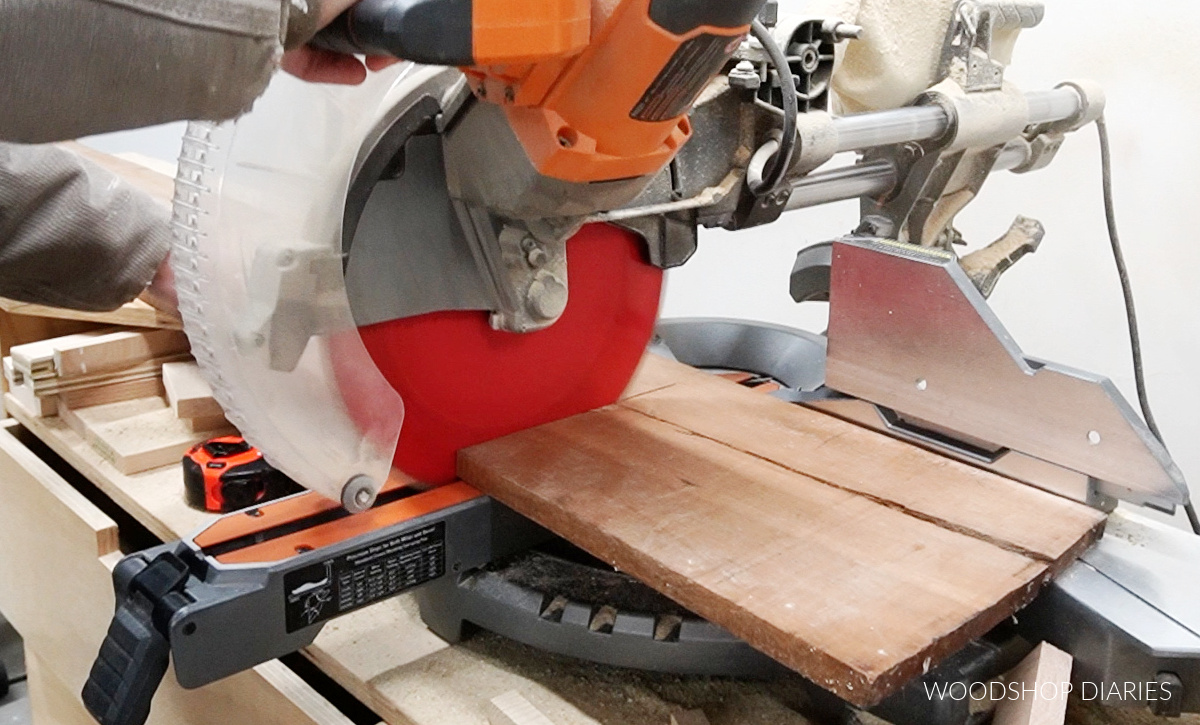 Shara Woodshop Diaries cutting cracked board on miter saw