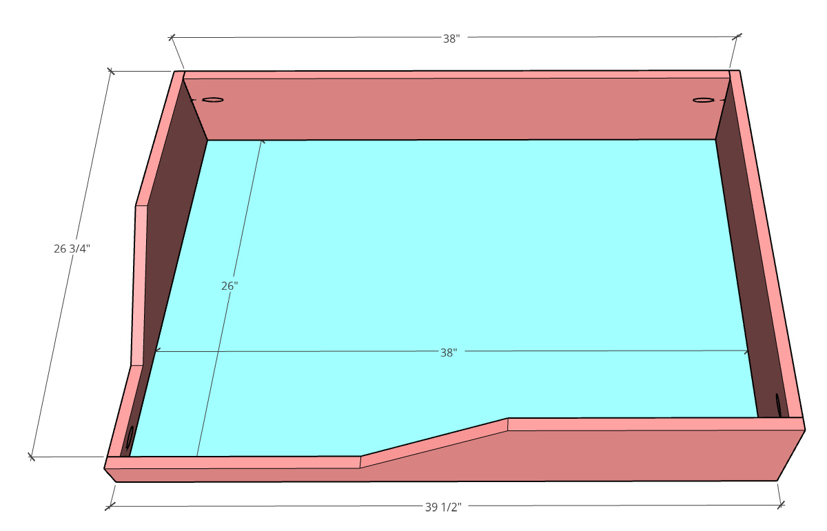 Dog bed box dimensional diagram showing sizing of each piece of the box