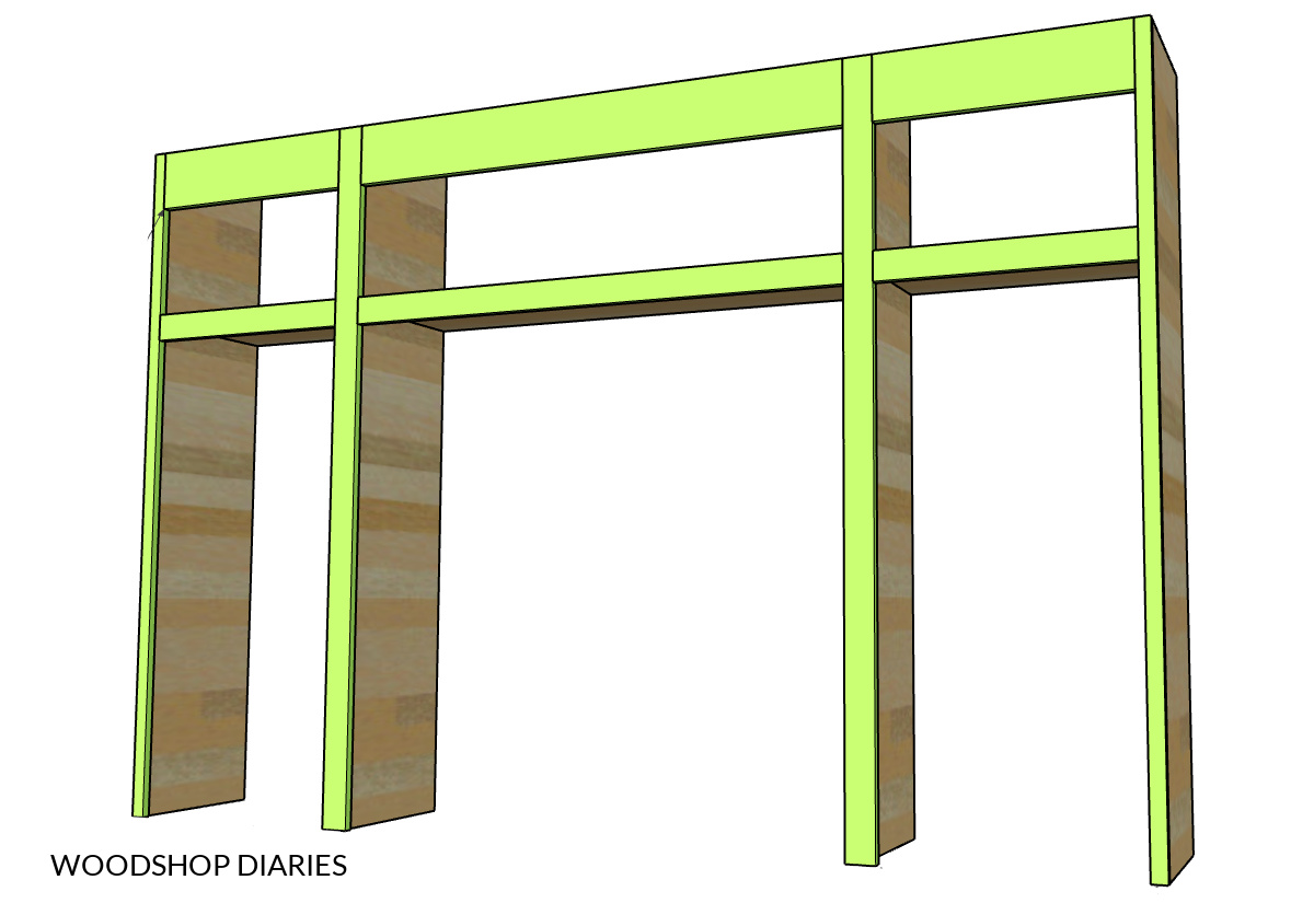 Diagram showing face frame attached on front of middle library bookshelf section