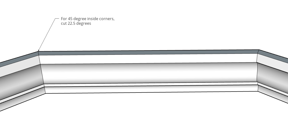 Diagram drawing of crown molding cut at 45 degree inside corners 