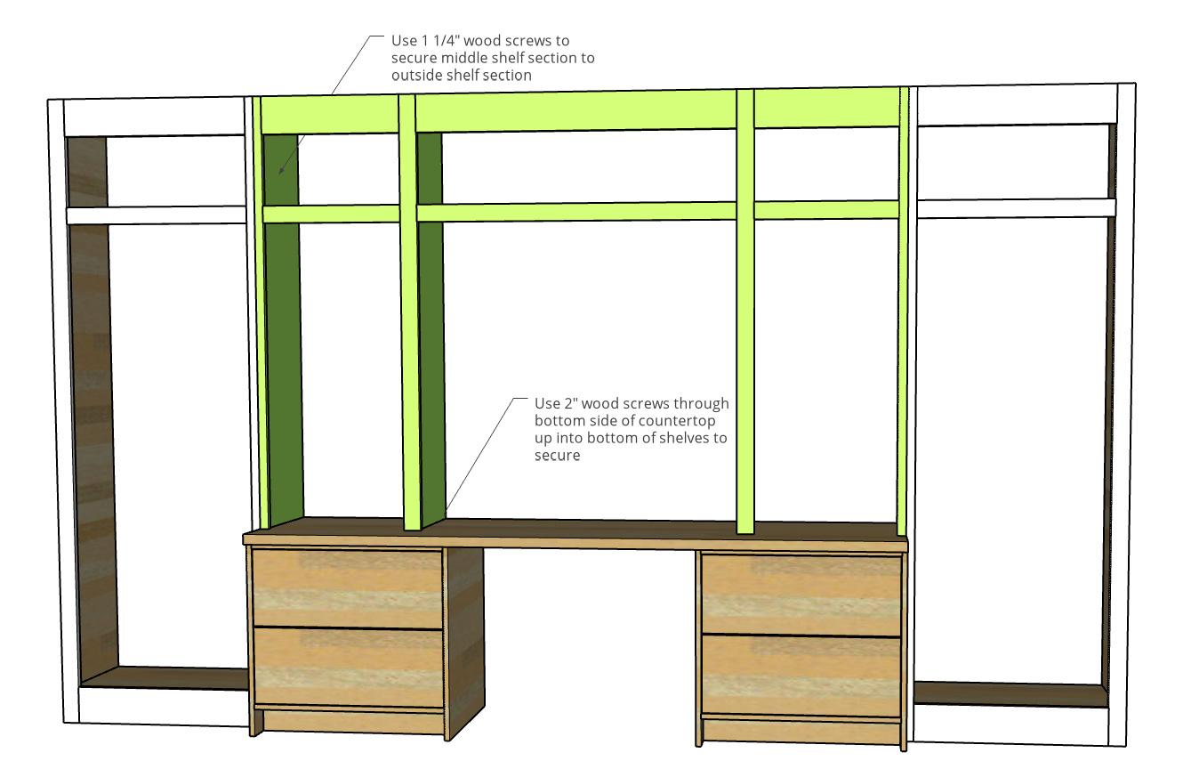 Diagram showing installing middle bookshelf between tall shelves on top of desk