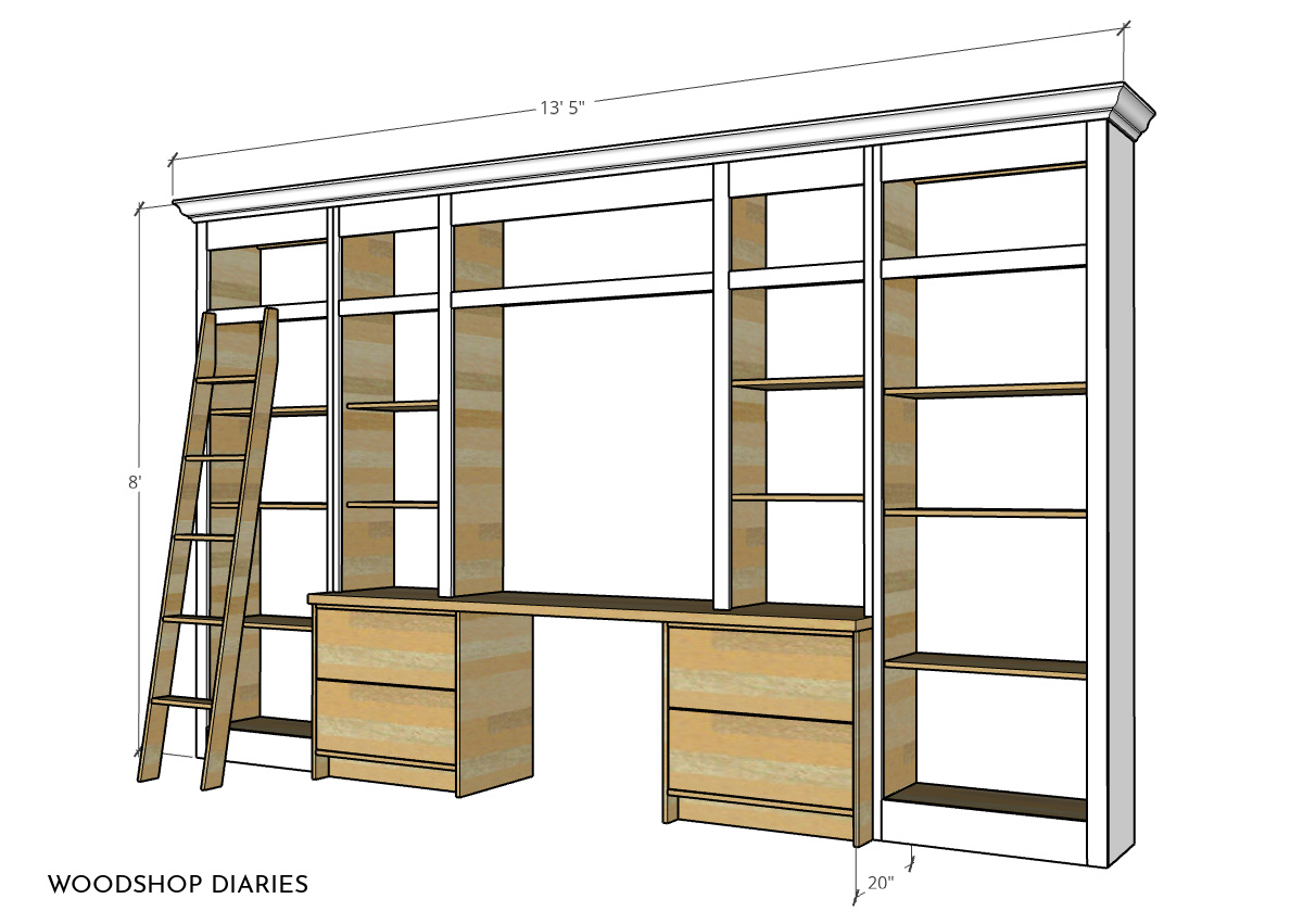 Overall dimensional diagram of DIY library bookshelf with rolling ladder and desk cabinets with drawers