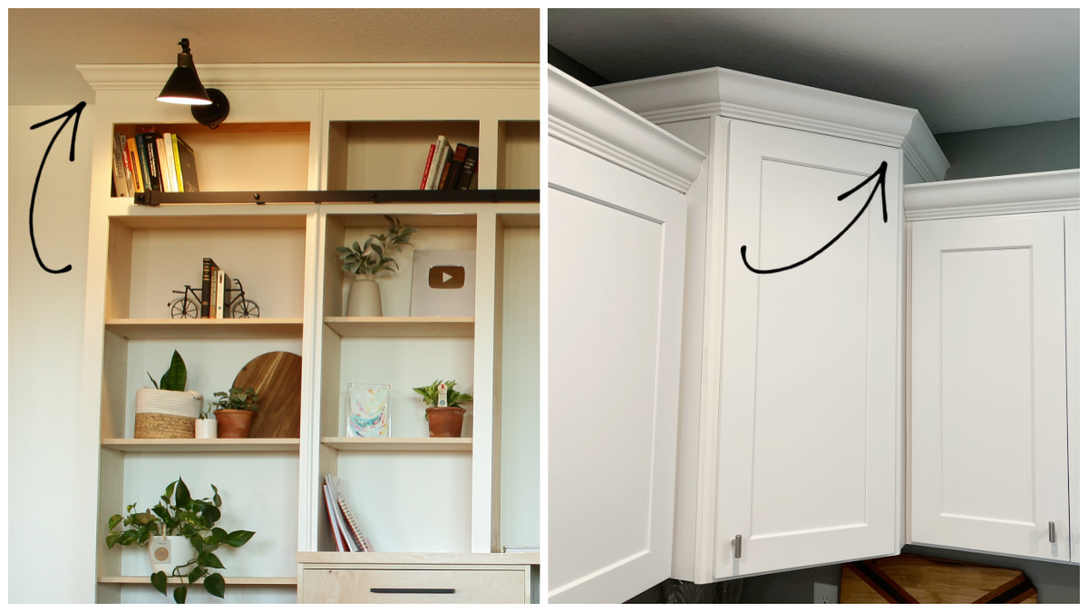 Collage showing bookcase on left and corner kitchen cabinet on right