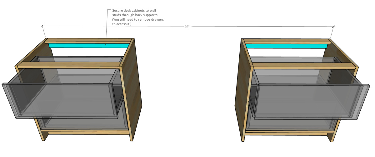 Diagram showing how to secure desk cabinets of library bookshelf unit to wall studs