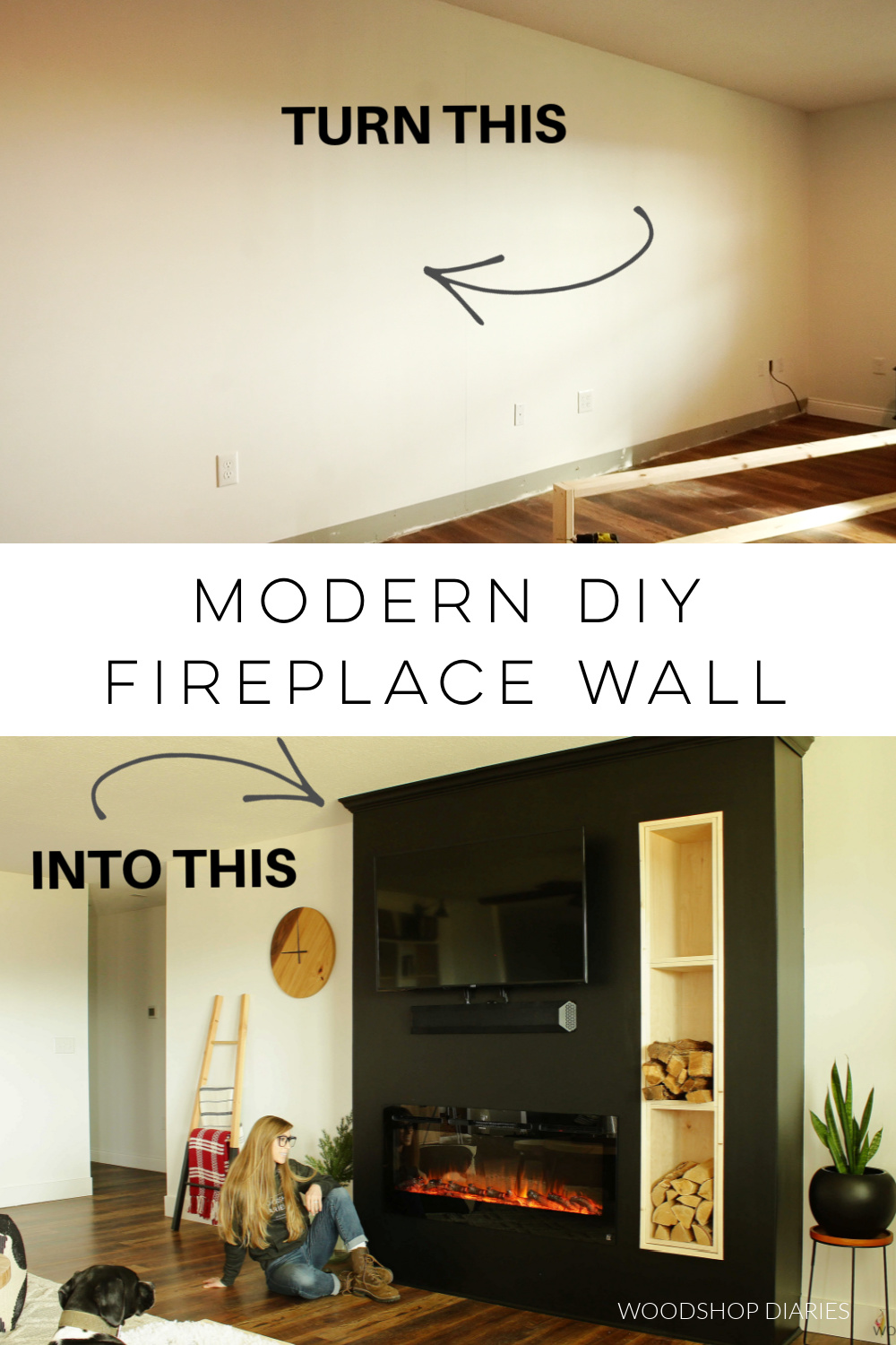 Pinterest collage image showing before and after adding fireplace feature wall in living room with text "modern DIY fireplace wall"