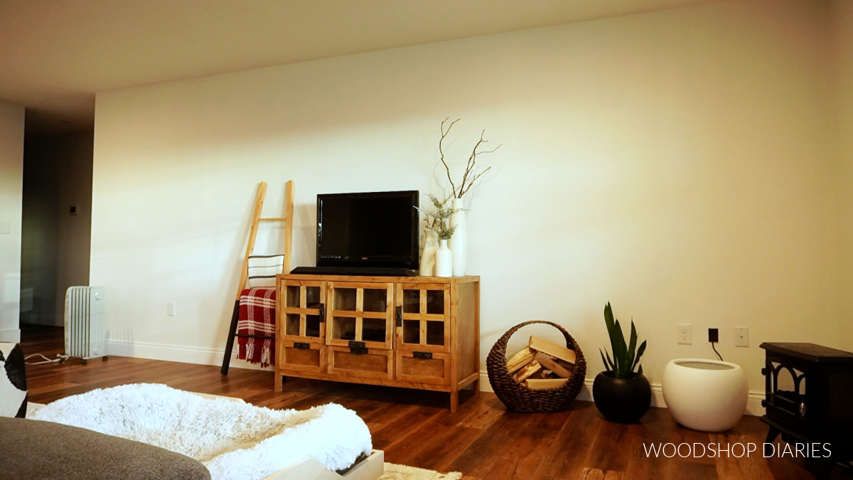 The Living room before--plain white walls with wooden TV console and some planters in the floor