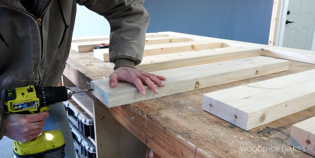 Shara Woodshop Diaries drilling dowel holes into door rail ends