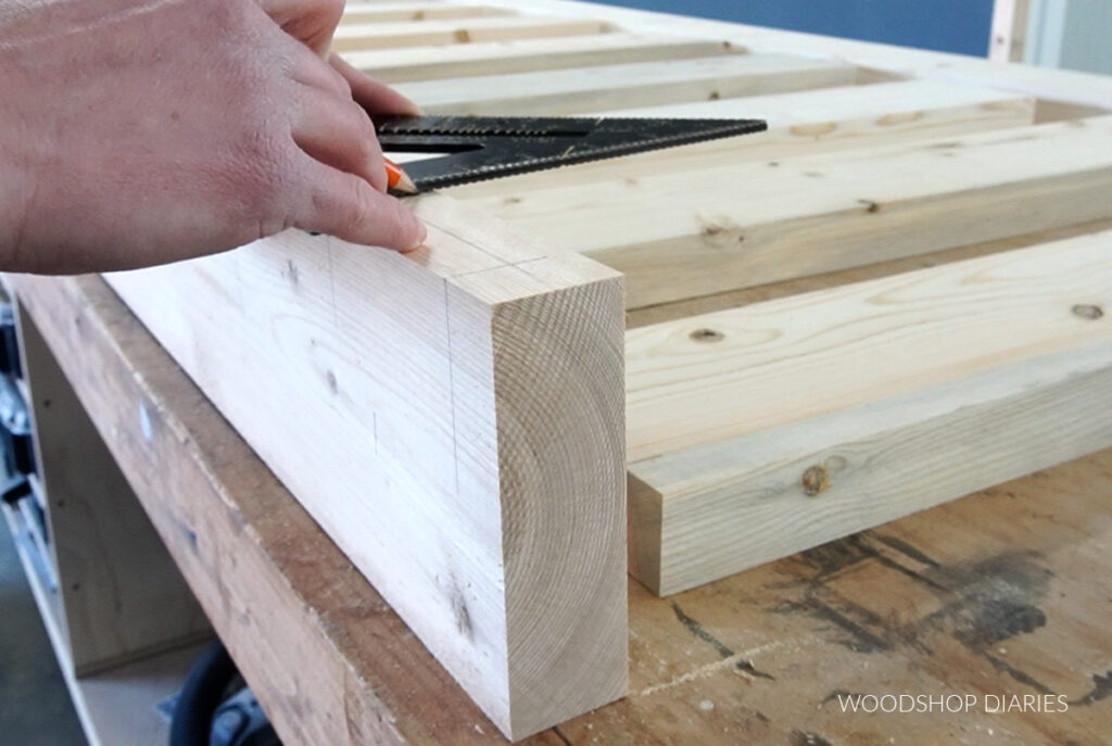 Using speed square to transfer dowel marks to board edge