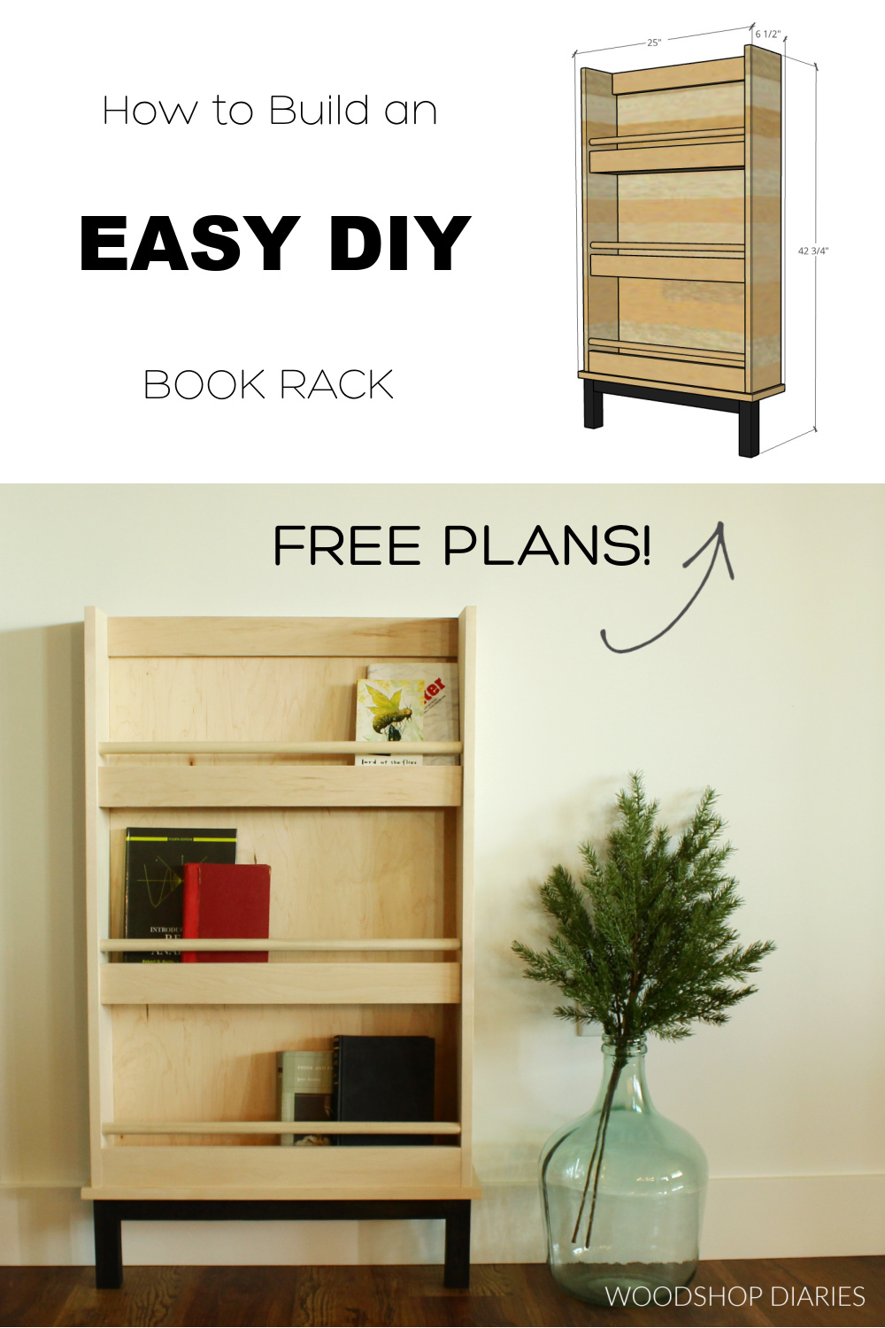 Pinterest collage image showing dimensional book rack diagram up top and completed book rack at bottom with text "how to build an easy DIY book rack free plans"