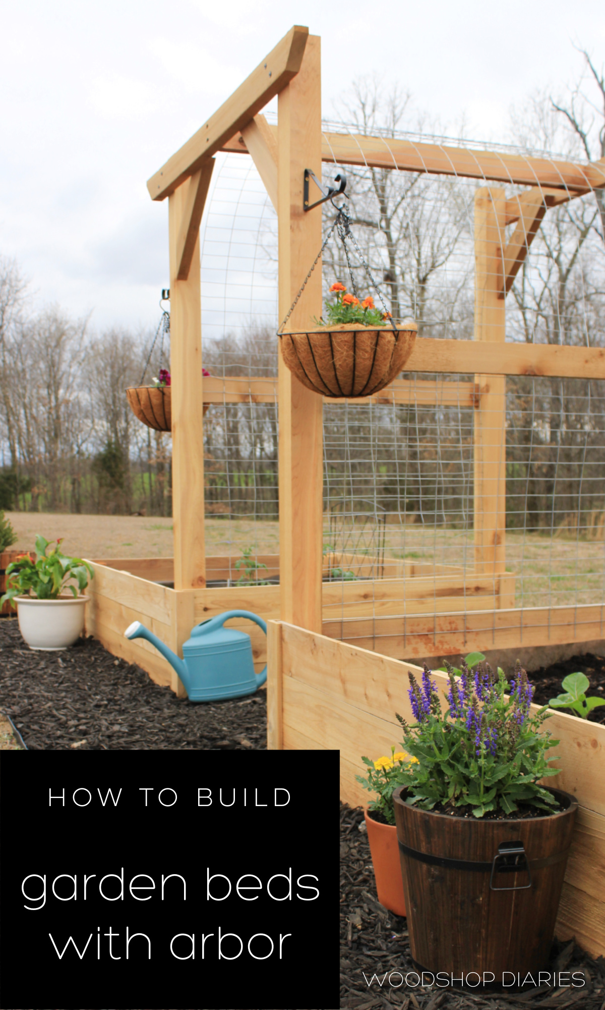 DIY garden beds with mulch and flowers and arbor with text "how to build garden beds with arbor" at bottom corner