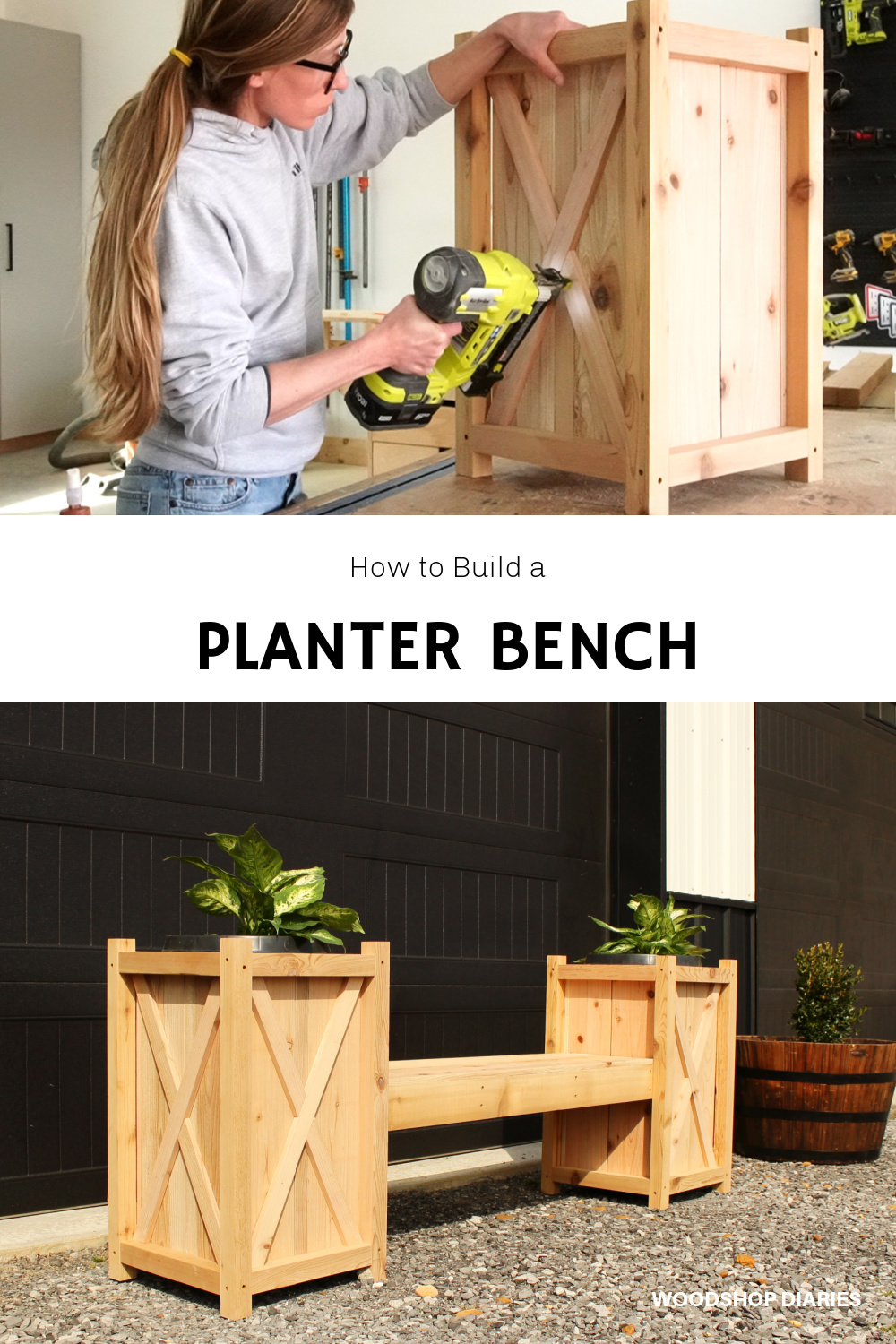 Pinterest collage image showing Shara installing X trim onto planters and completed DIY wooden planter bench at bottom with text "how to build a planter bench"