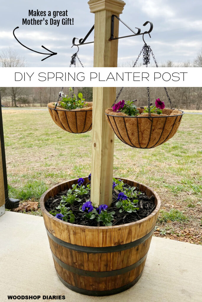 DIY Spring planter post with hanging flowers Pinterest image 