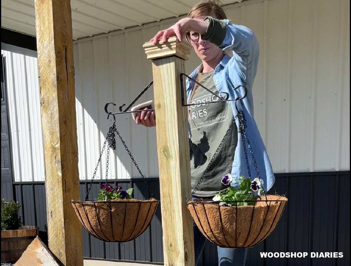 Shara Woodshop Diaries gluing post cap onto planter post