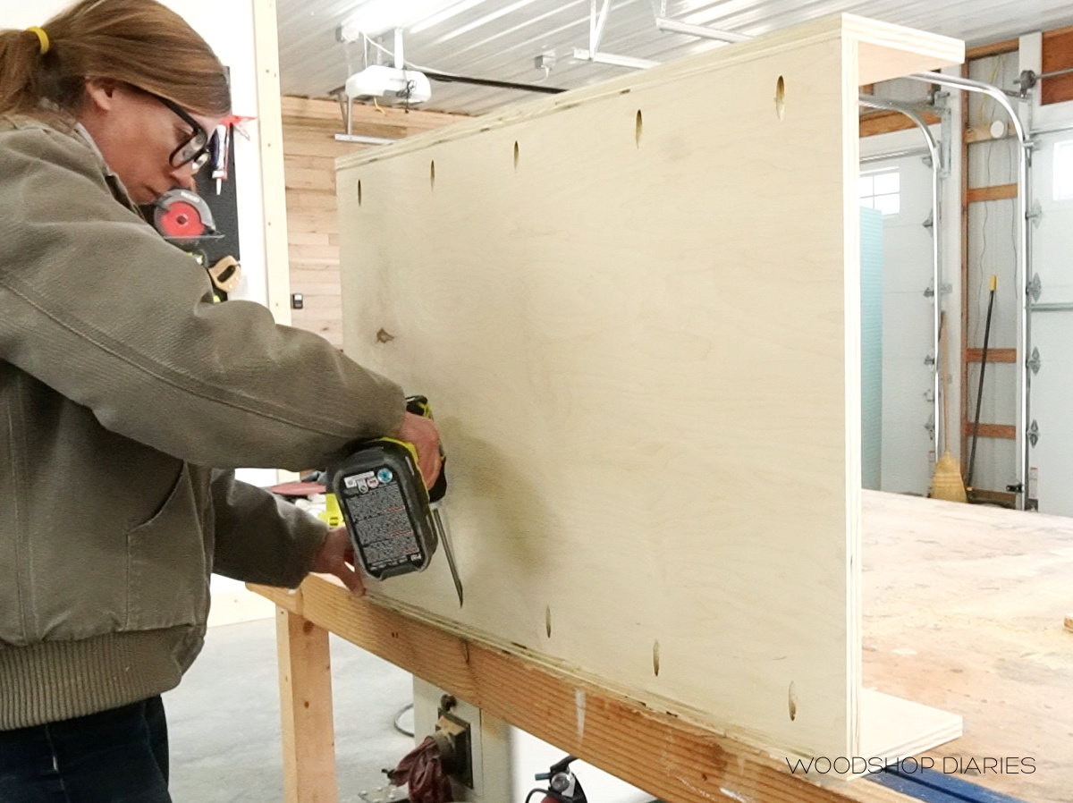 Shara Woodshop Diaries assembling back and side panels with pocket hole screws