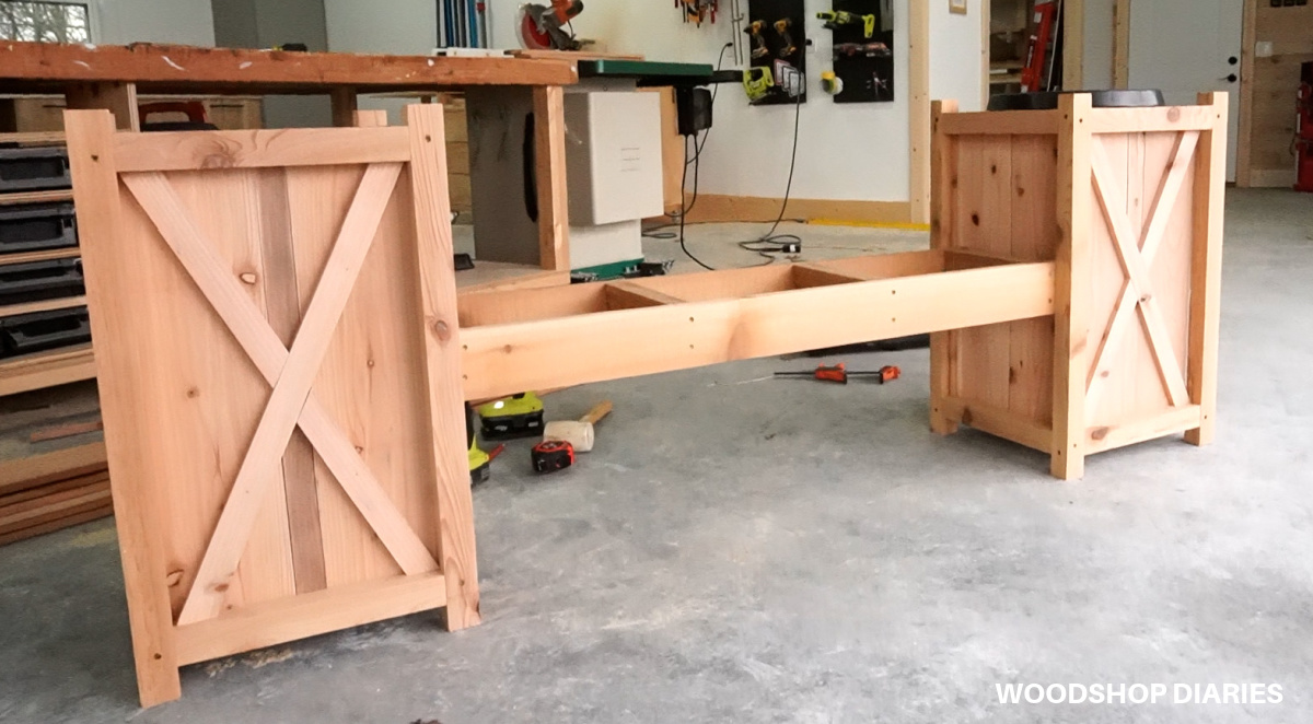 Planter bench frame assembled in workshop
