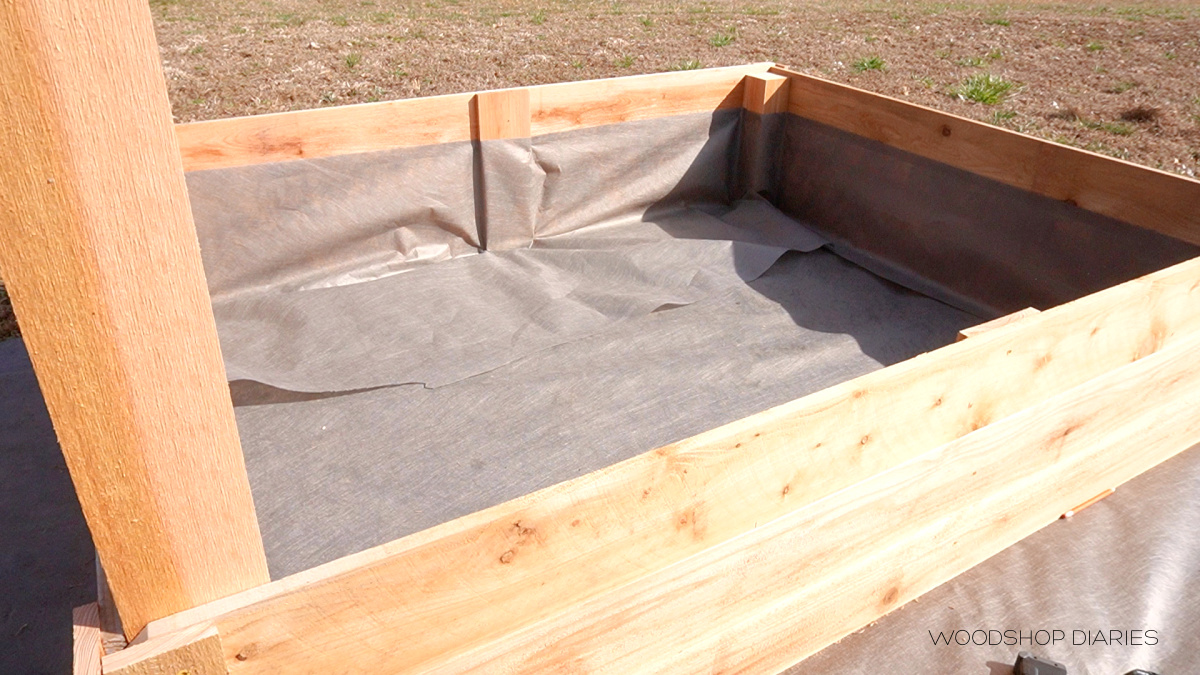 Garden beds lined with landscape fabric