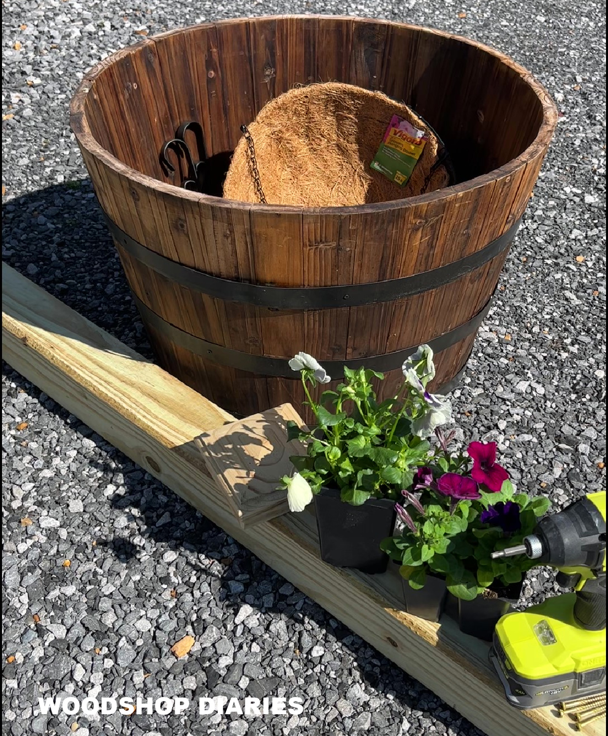 Barrel planter, post, baskets--materials needed to complete the project