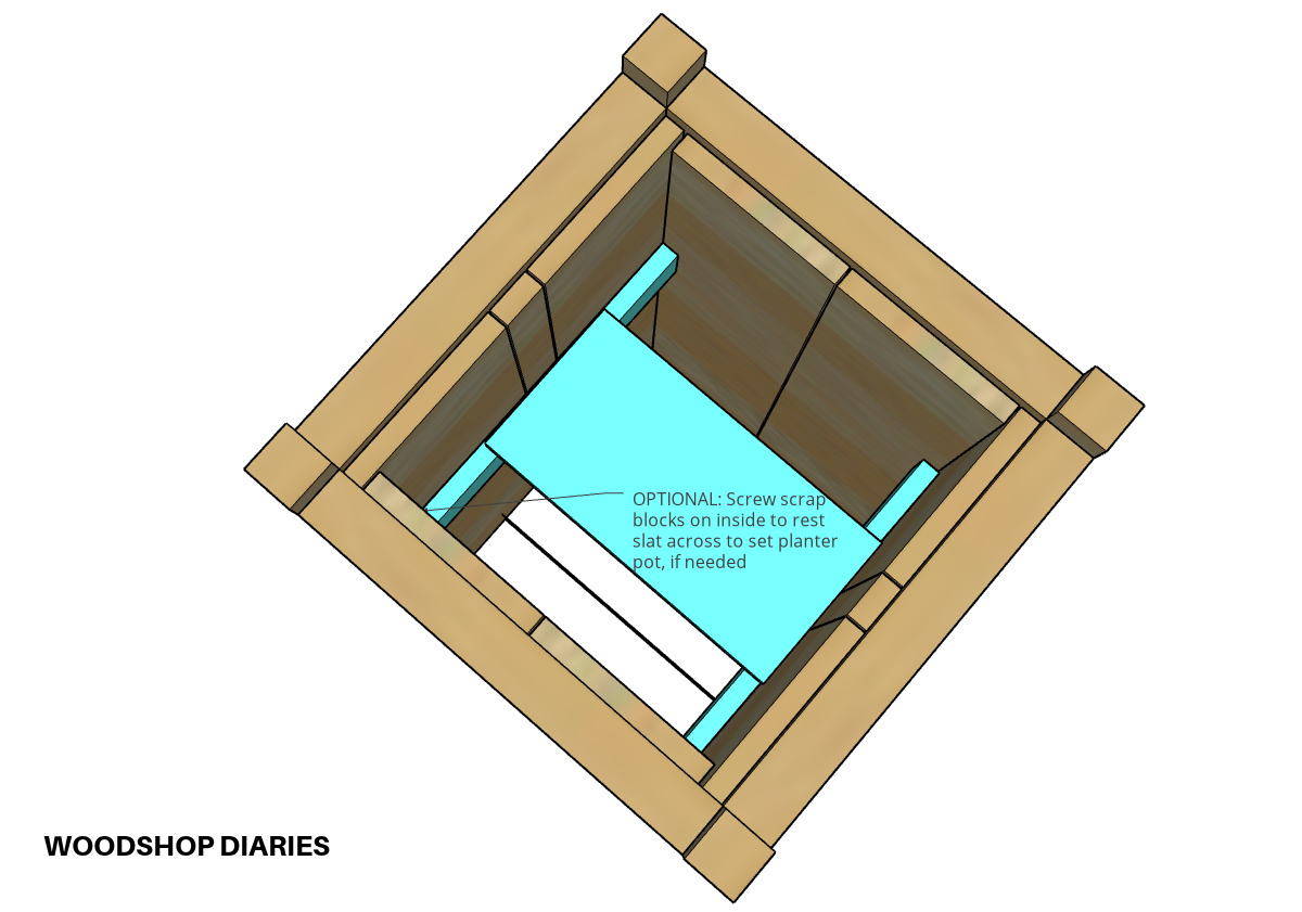 Diagram showing how to install a simple shelf inside planter box to set pot on