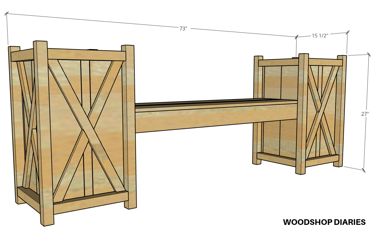 Overall dimensional diagram of DIY wooden planter bench build project