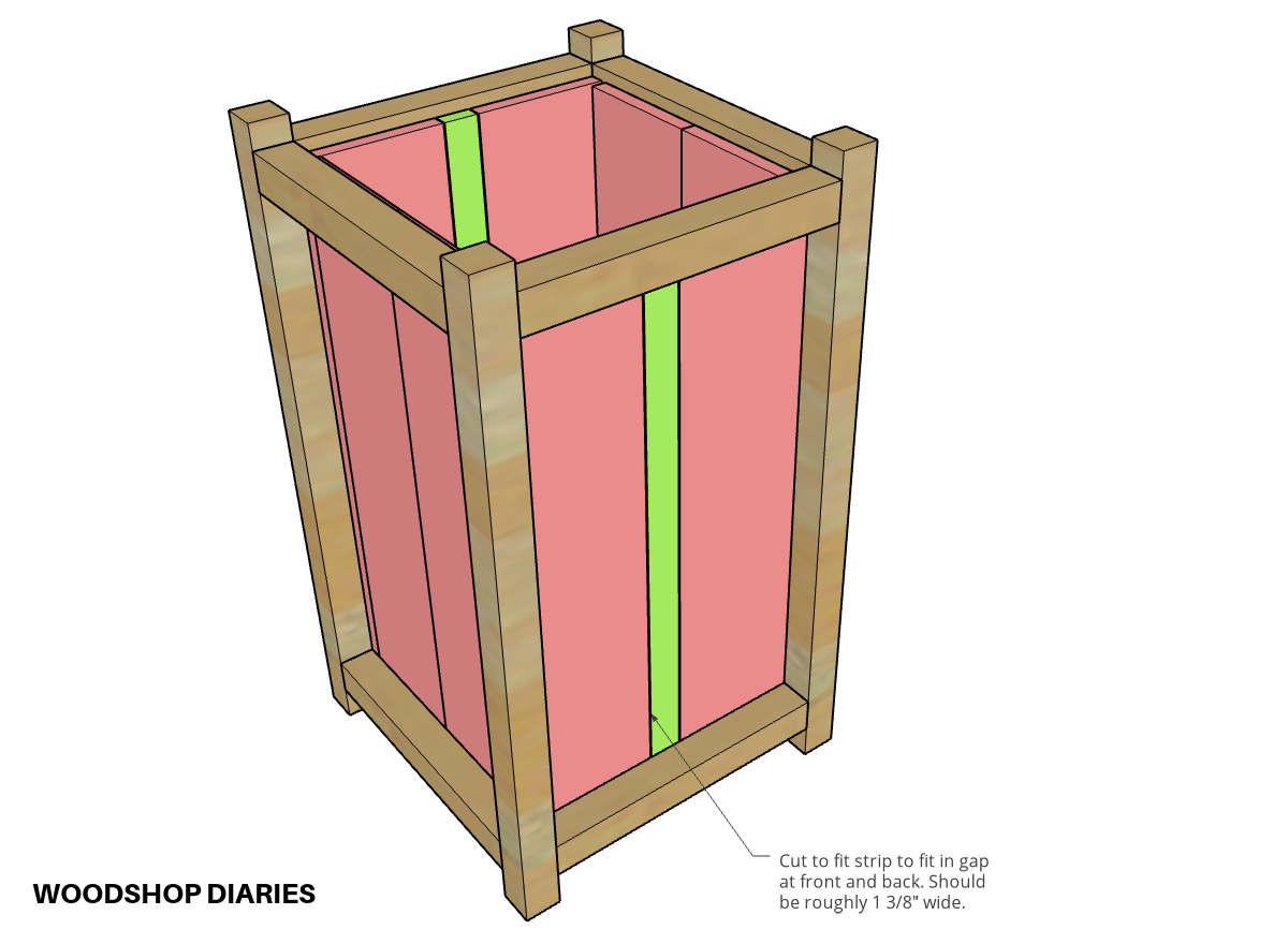 Diagram showing how to cut to fit narrow center boards to complete planter box sides