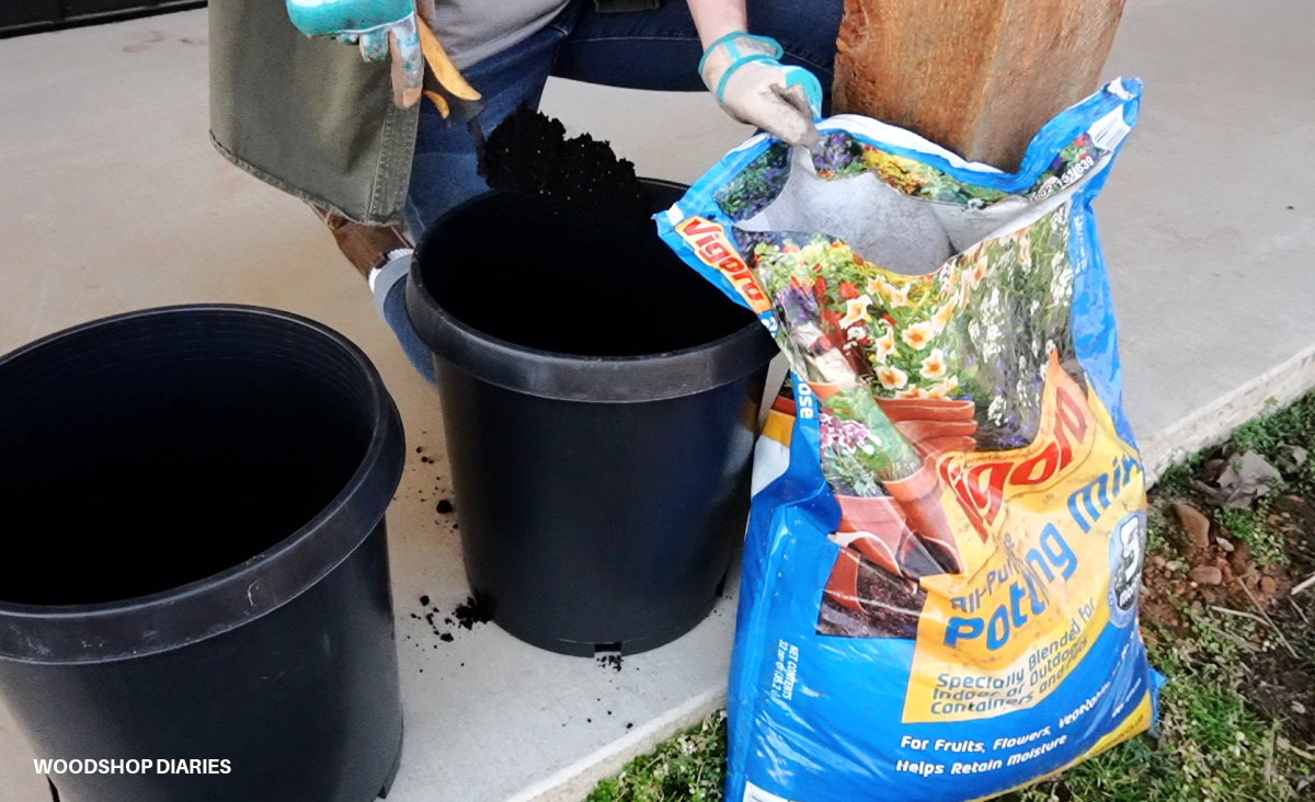 Filling nursery pots with Vigoro Potting Mix